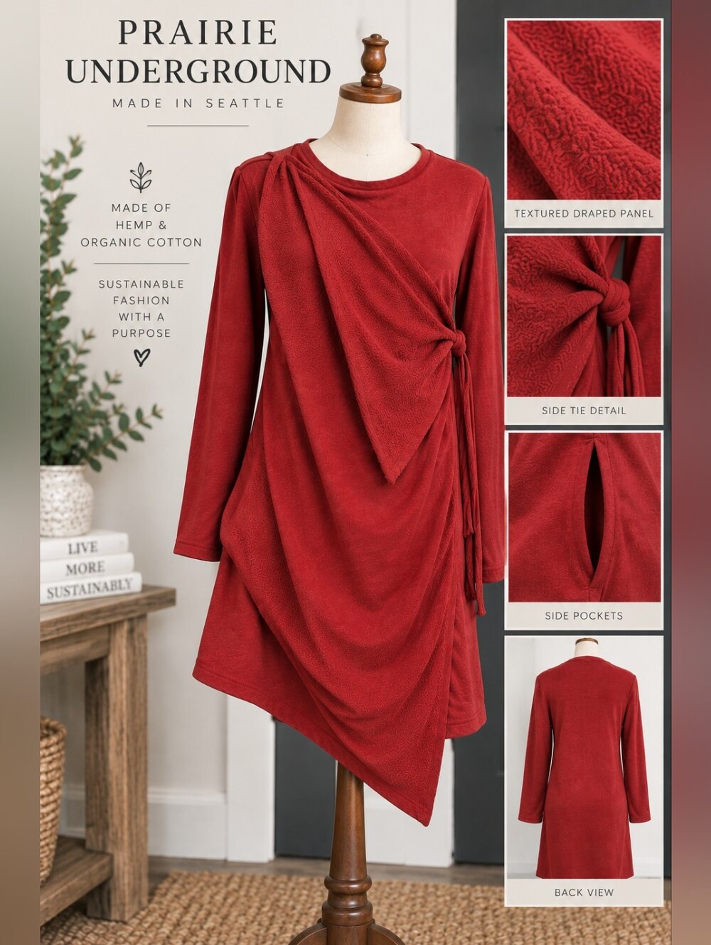 Prairie Underground Asymmetrical Ruched Wrap Dress M Hemp Organic Cotton